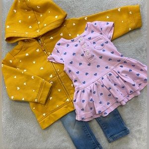 Baby Girl Size 12 Months Top, jeans & Zip Up Hoodie